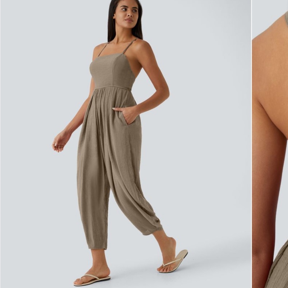 Tan Sleeveless Jumpsuit with Fitted Bodice and Flowing Pants